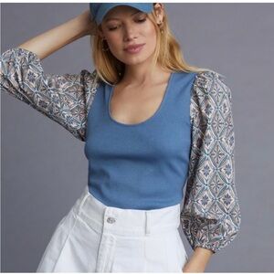 Anthropologie Blue and Patterned Sleeve Blouse